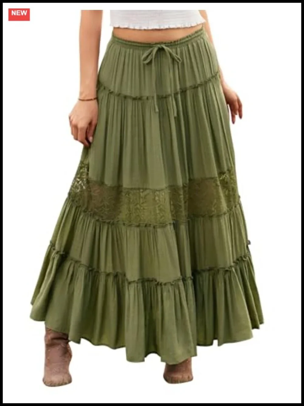 Boho Tiered Lace Maxi Skirt Flowy A-Line with Pockets Renaissance